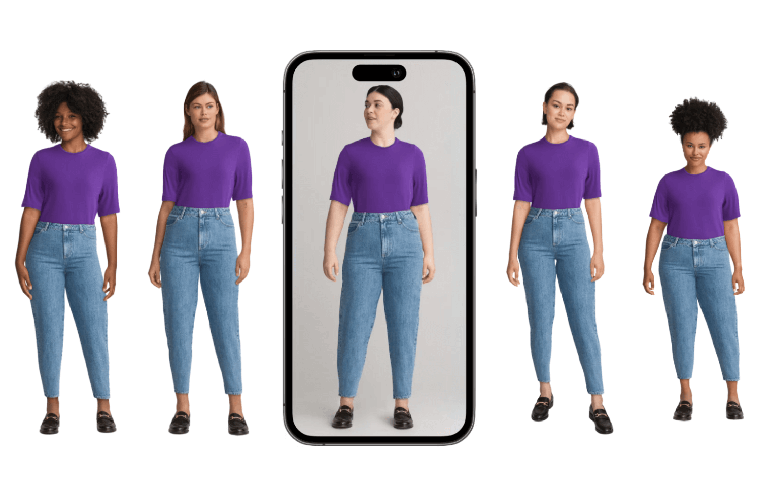 Five different 3D avatars wearing the same digital twin look.